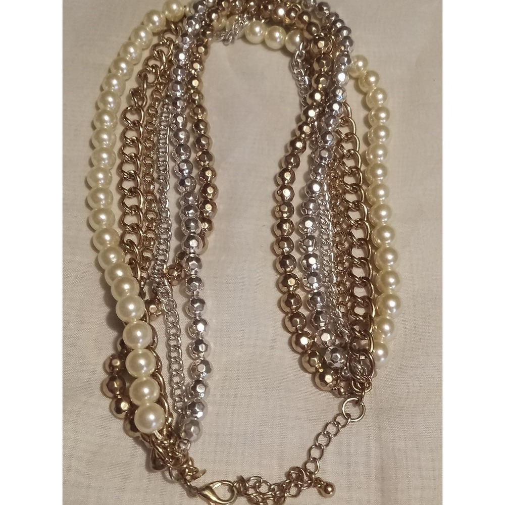 6 Strand Silver & Gold tone beads chain faux white pearls necklace
